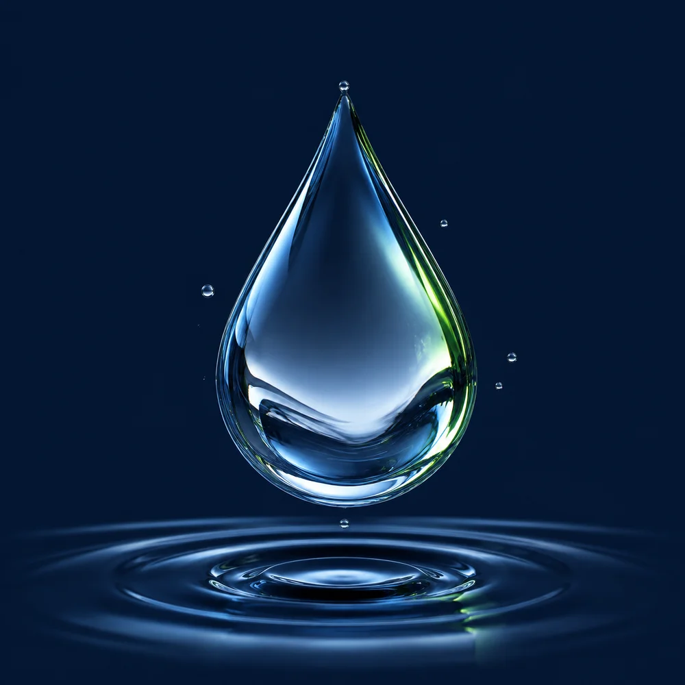 Illustrated single water droplet with a green highlight falling toward rippling deep navy water
